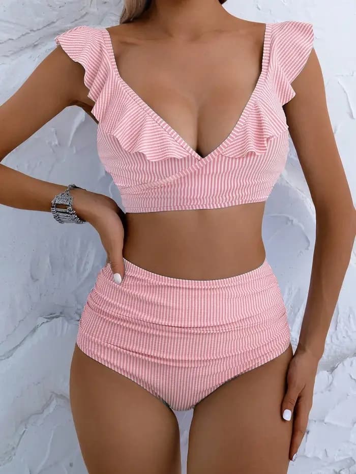 Ensemble bikini rose rayé à volants pour femmes, maillot de bain deux pièces froncé à col en V et taille haute pour les vacances à la plage