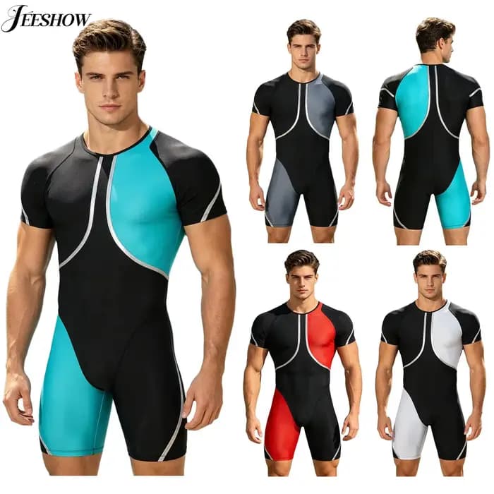 Maillot de bain une pièce pour homme, anti-UV, à manches courtes, col rond, couleur contrastante, pour le surf, avec effet ventre plat
