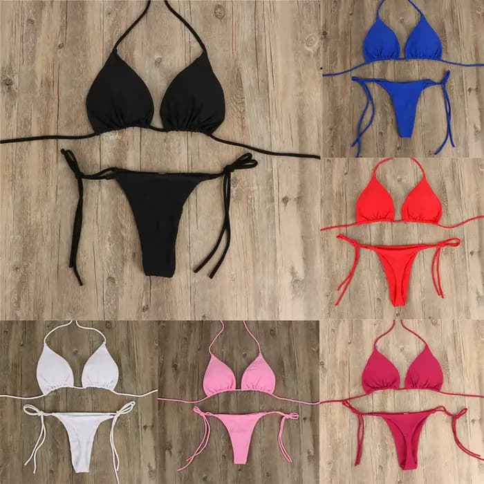 Femmes cravate Sexy string Bikini ensemble côté maillot de bain Style bandeau maillot de bain brésilien sangle fendue réglable solide femme maillot de bain ensemble