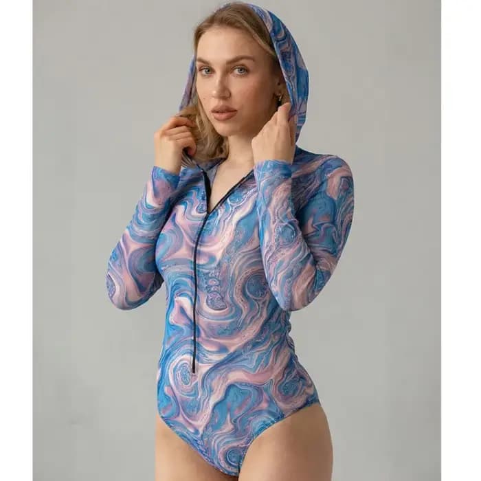 Ensemble bikini en maille avec fermeture éclair, maillot de bain sexy à capuche pour femme, maillot de bain d'été à manches longues, tenue de plage