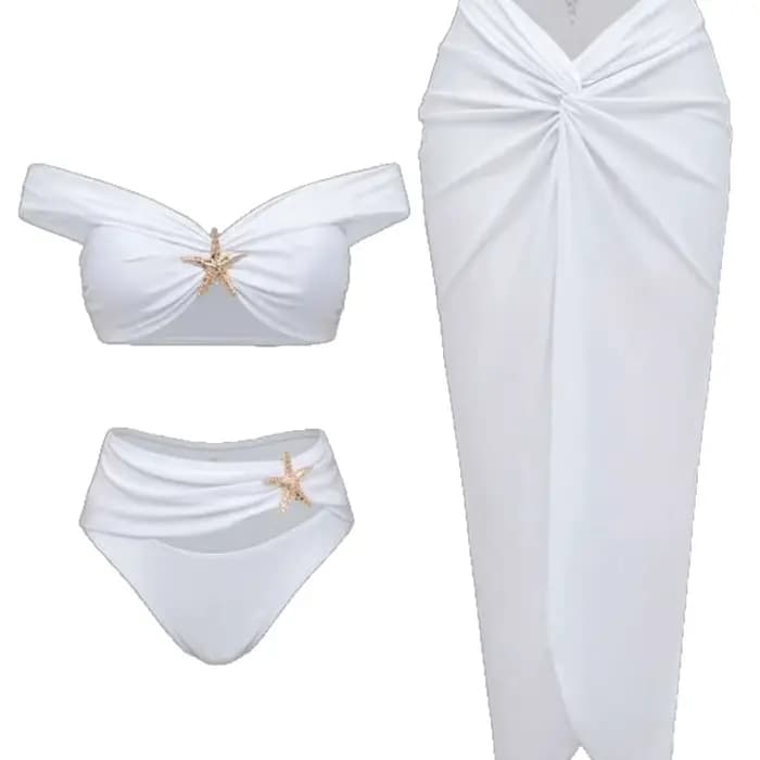 Ensemble de bikini sexy pour femmes, vêtements de plage, bikini étoile de mer métallique, jupes longues plissées, ensembles trois pièces, style de vacances pour filles sexy, maillot de bain