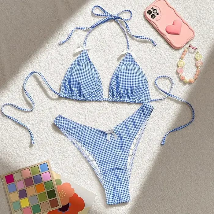 Maillot de bain deux pièces imprimé à carreaux bleus pour femmes, Sexy, bretelles avec nœud, dos nu, ensemble Bikini, taille haute, string, costume de plage, 2025
