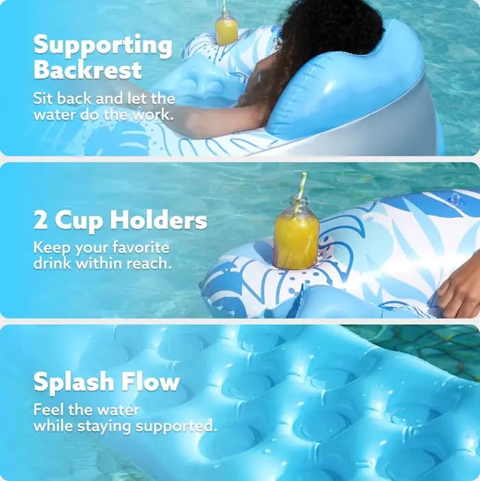 Fauteuil flottant gonflable pour piscine avec auvent pare-soleil, chaise inclinable flottante en forme de U avec porte-gobelets, radeau pour piscine et plage