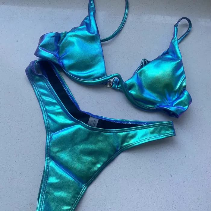 Maillot de bain triangle holographique bleu