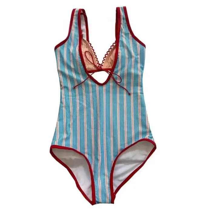 Maillot de bain sans manches à rayures avec nœud papillon, coupe cintrée, décolleté en V profond, vêtements de plage, body, ensemble deux pièces, pour la plage