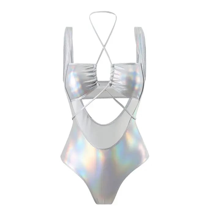 Maillot de bain une pièce pour femme, style body, métallisé irisé, dos nu à cordon, découpé, tenue d