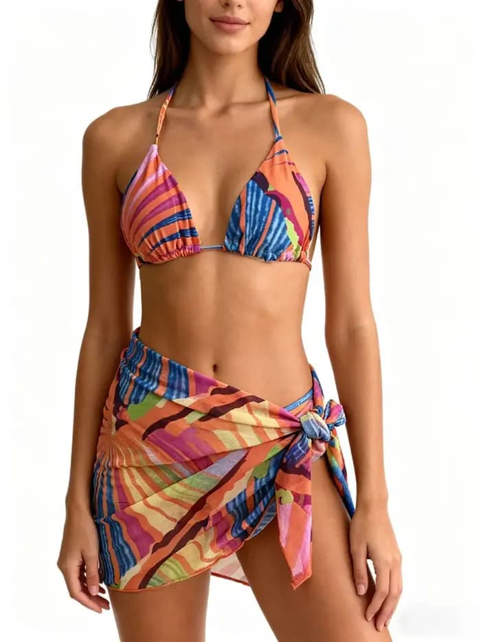 Bikini imprimé avec jupe licou maillot de bain à bretelles femmes maillots