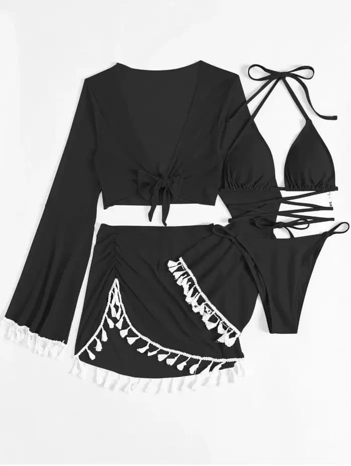 Ensemble de bikini conservateur, Nouveauté de la saison, Vente flash : Maillot de bain quatre pièces pour femme avec jupe courte en dentelle à pompons de couleur unie