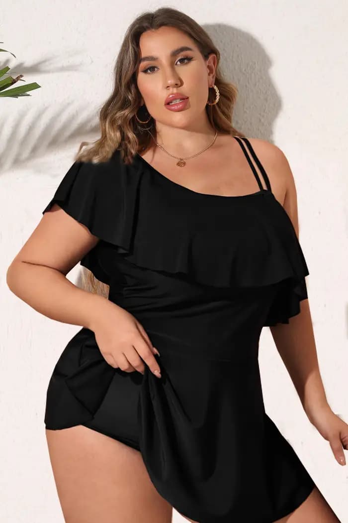 Maillot de bain deux pièces pour femmes, tankini noir, grande taille, grand bikini, une initiée à volants, vêtements de plage d'été