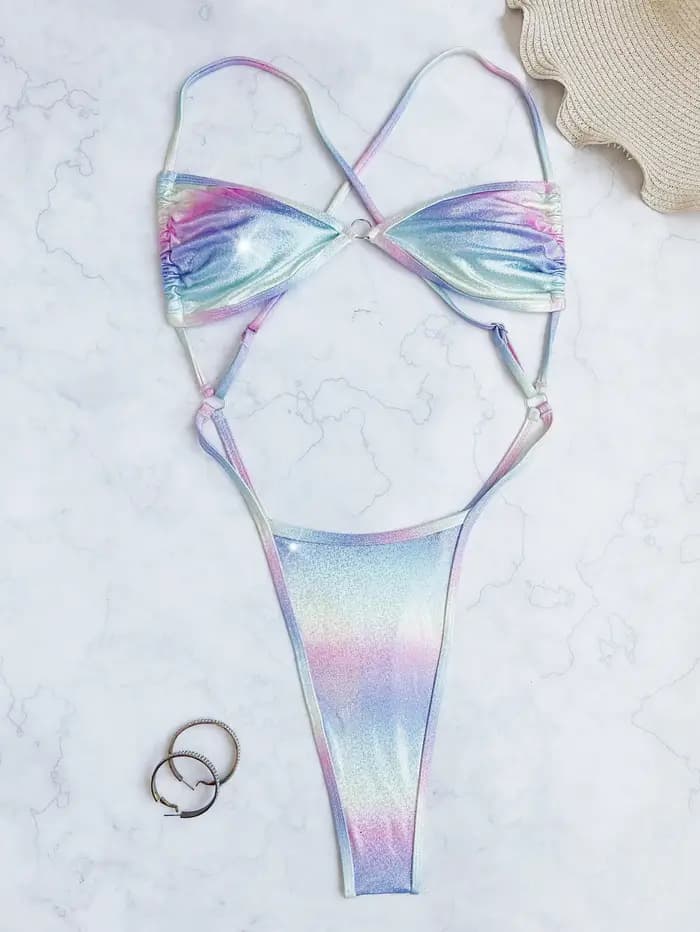 Sexy gillter dégradé arc-en-ciel dos nu bikinis une pièce maillot de bain bikini body maillots