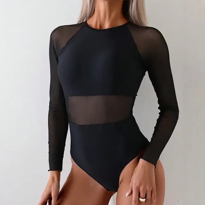 Maillot de bain une pièce en maille transparente épissé pour femmes, noir, Sexy, manches longues, Sl