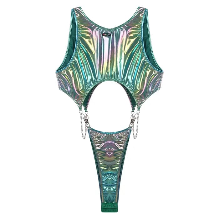 Maillot de bain une pièce pour homme, style combinaison, holographique métallique, à découpes, avec chaîne à crochets et bouton, découpes au niveau du bas de la jambe, coupe haute