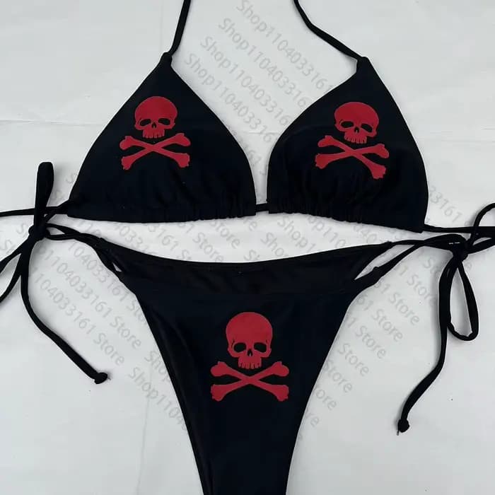 Maillot de bain gothique pour femme, ensemble Bikini squelette, Sexy, Simple, col licou, taille haut