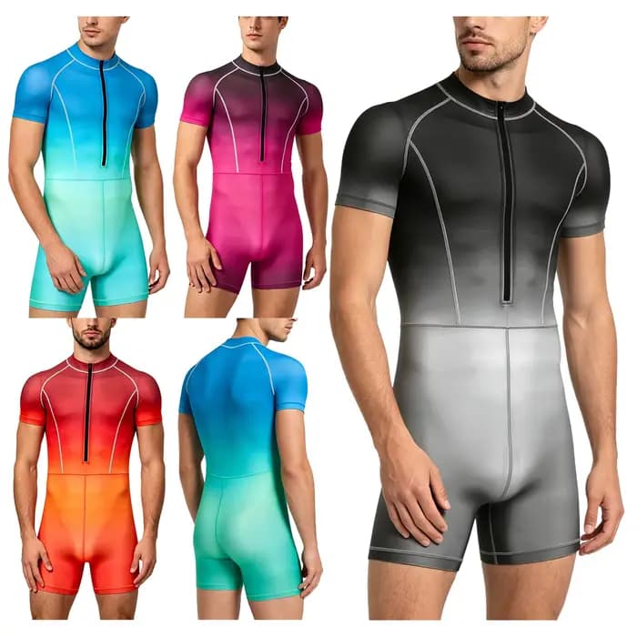 Combinaison de bain intégrale dégradée pour homme, à manches courtes, avec fermeture éclair, pour le fitness, le sport, la protection anti-UV et le surf