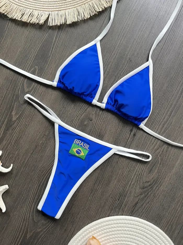 Broderie drapeau du brésil contraste fendu Bikini ensemble femmes maillots de bain Patchwork maillot