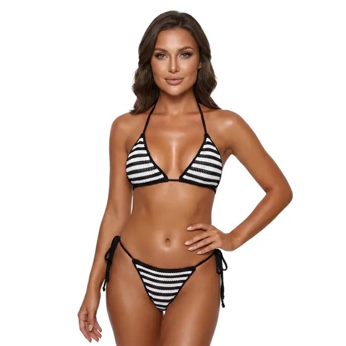 Maillot de bain en crochet pour femmes, haut de bikini à col halter rayé avec string à nouer sur le côté, ensemble de 2 pièces, vêtements de plage d'été