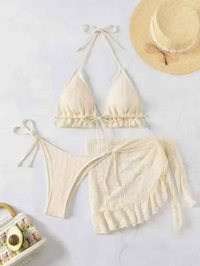 2025 femmes Sexy licou Bikini 3 pièces ensemble solide blanc laiteux maillot de bain avec maille couverture Ups plage