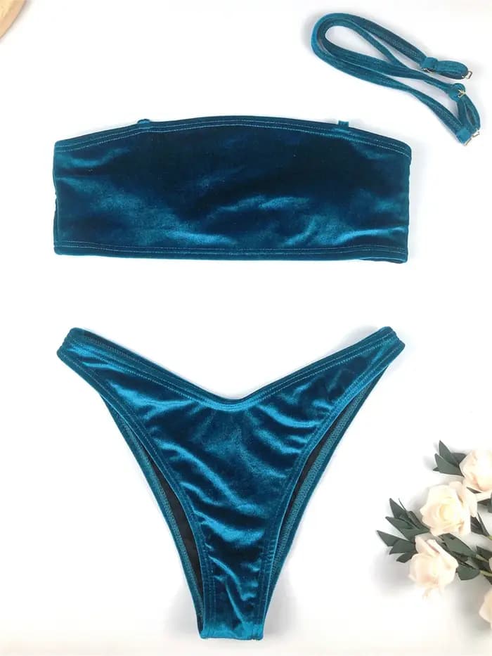 Vintage bleu Bikini velours maillot de bain femmes taille haute Bandeau Bikinis ensembles tenue de plage vacances maillots de bain maillot de bain