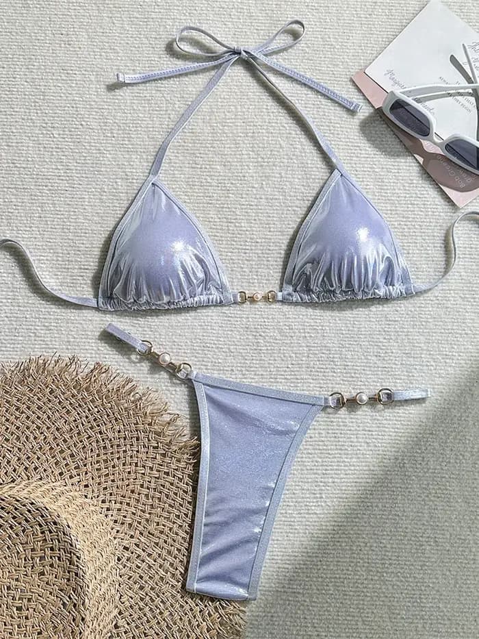 Micro bikini rose brillant 2026 pour femme, sexy, en PU, avec perles, push-up, string, maillot de bain d'été, bandage, pour les vacances