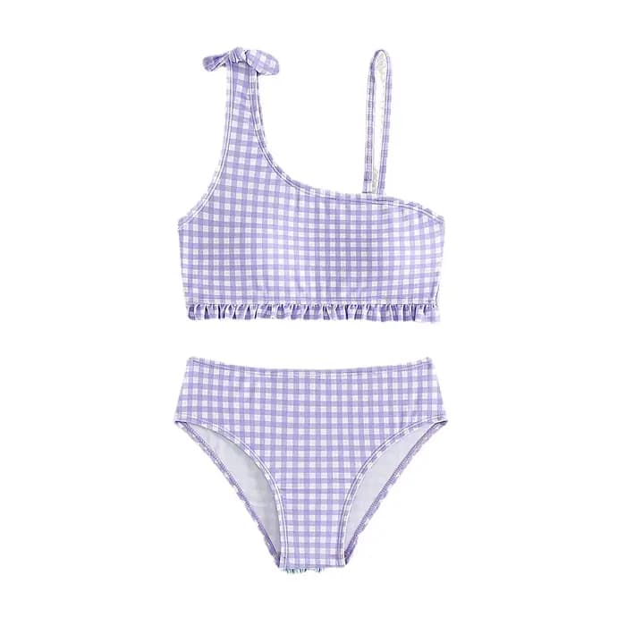 Nouveau été enfants maillot de bain fendu pour filles Bikini ensembles 5-14 ans taille haute violet Plaid fille maillots de bain maillot de bain