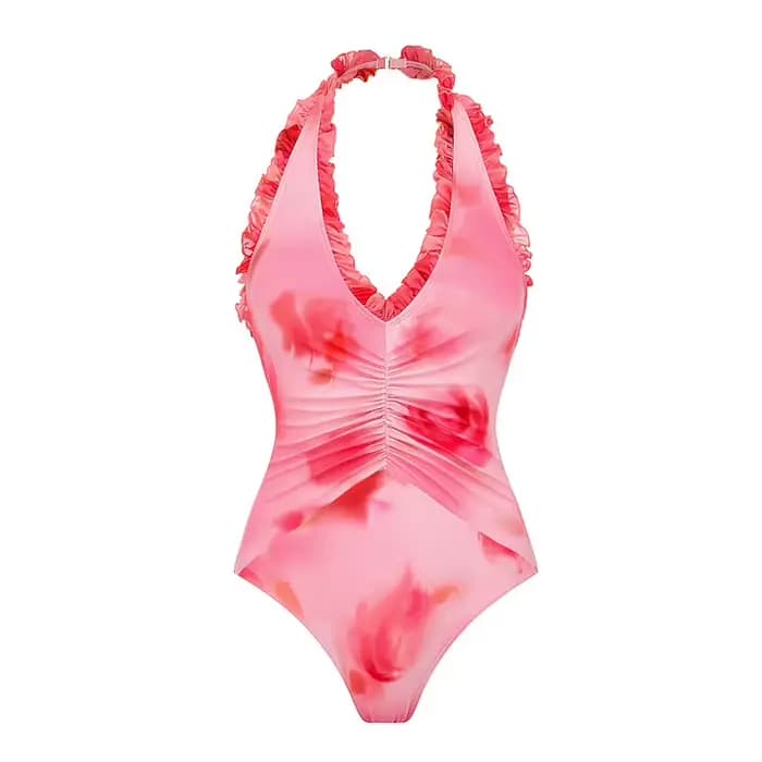 Maillot de bain à fleurs roses, col licou teint, ensemble une pièce et jupe pour femmes, imprimé Flo