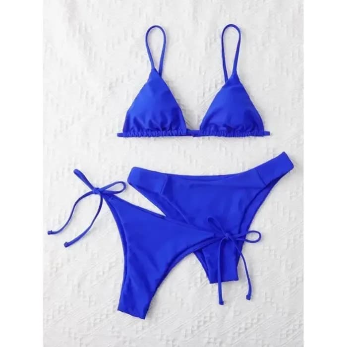 Ensemble bikini sexy 3 pièces pour femme - Maillot de bain triangle push-up à bandes bleu et violet