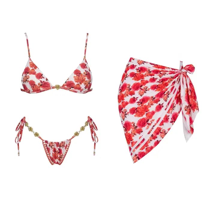 Ensemble bikini 3 pièces sexy imprimé avec paréo, style halter, pour femme, tenue de plage estivale