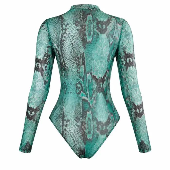 Maillot de bain une pièce à manches longues imprimé serpent turquoise, fermeture éclair sur le devant, coupe haute, monokini pour femme, idéal pour le surf estival