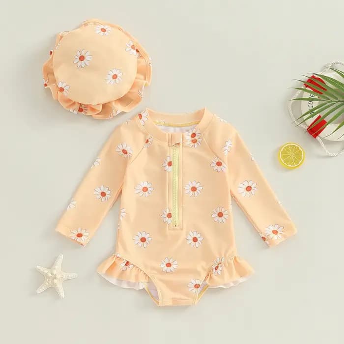 Maillot de bain à manches longues pour bébé fille, avec chapeau, imprimé floral, fermeture éclair, bikini, pour enfants